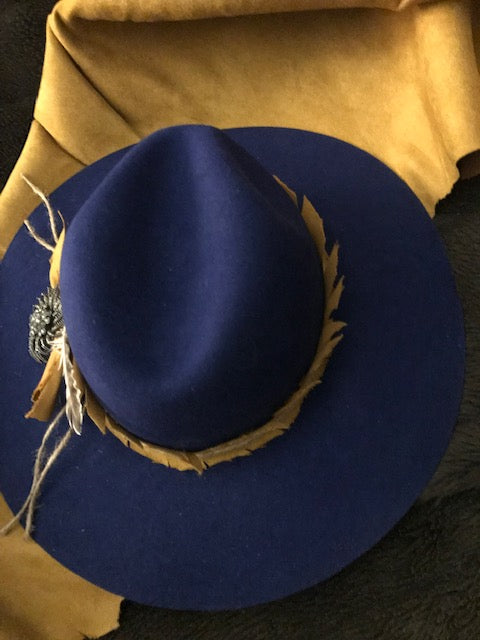 "The Hip Royal Blue Beauty" w/ Golden Suede Hatband & Vintage Brooch Adornment