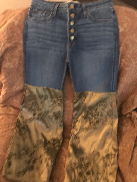 Unique Custom Made Luxury Jeans In Gorgeous Olive Satin