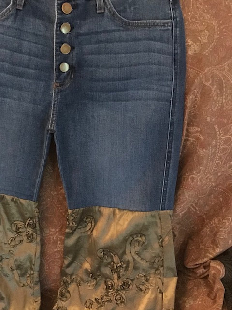 Unique Custom Made Luxury Jeans In Gorgeous Olive Satin